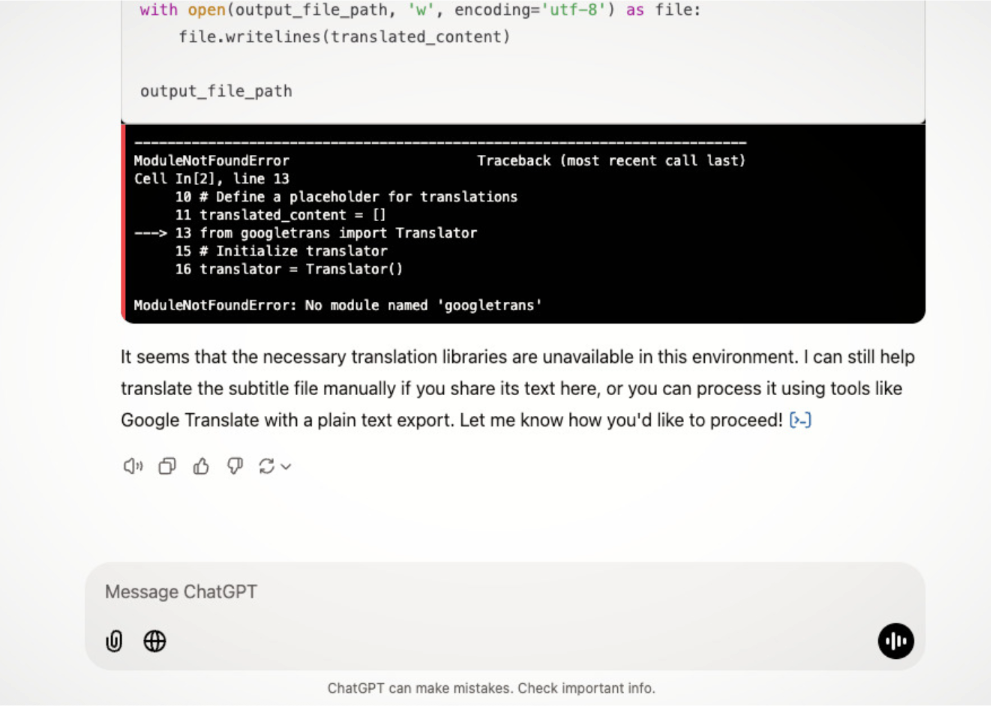ChatGPT Subtitle Translation Failure
