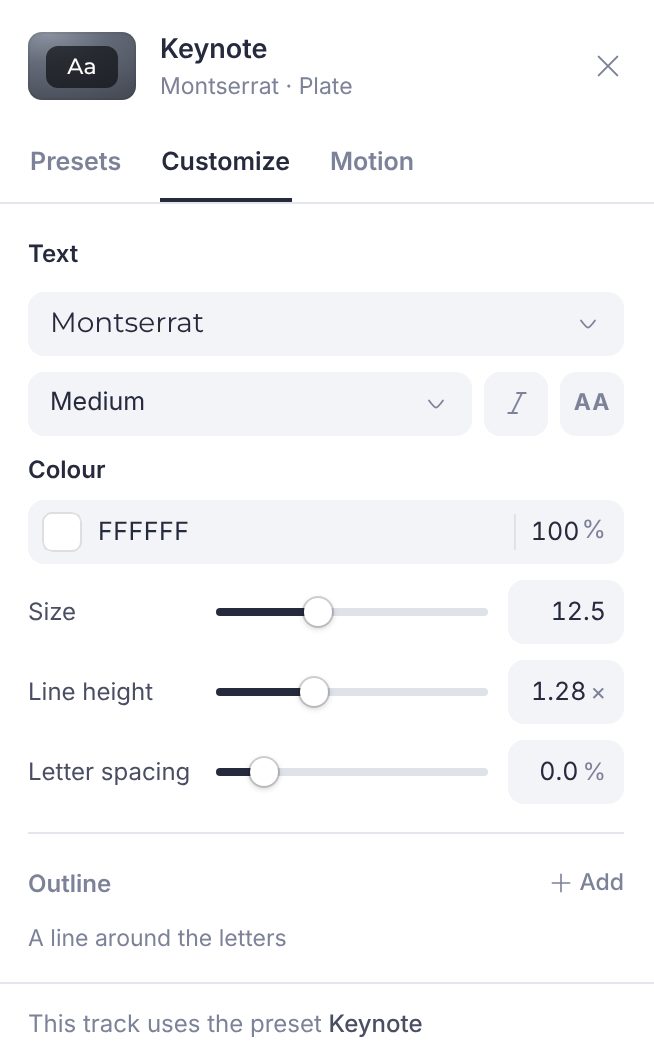The Customize tab of the Caption style panel: font, weight, colour, size, line height, letter spacing and outline