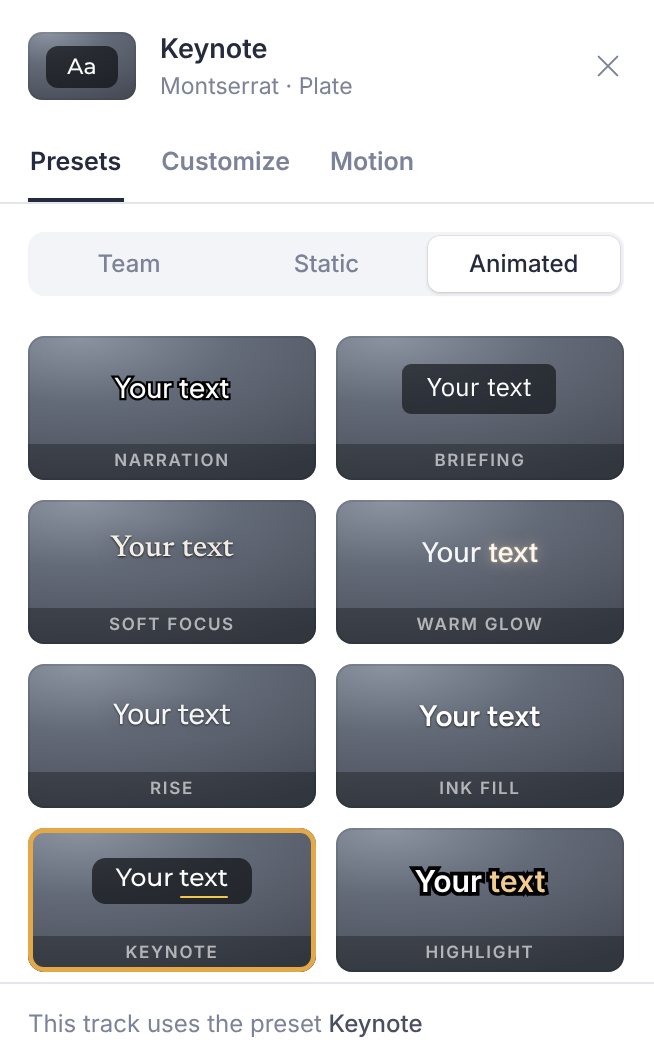 The Caption style panel on the animated presets, with Keynote selected