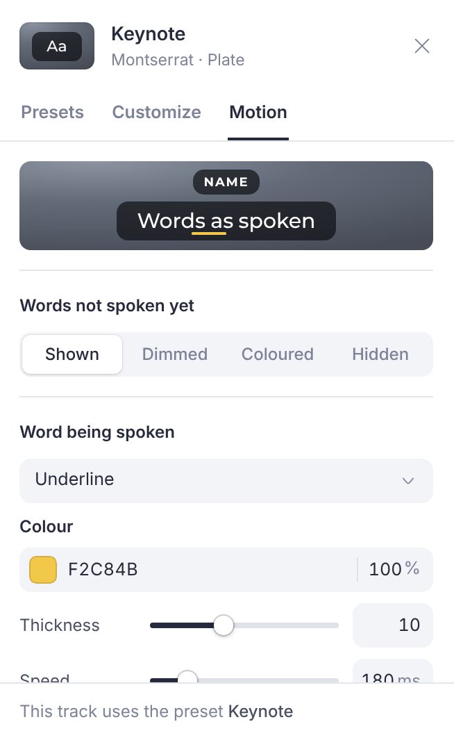 The Motion tab of the Caption style panel: how words not spoken yet look, and an underline on the word being spoken