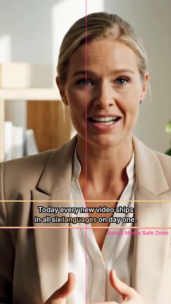 A vertical video in the editor: the caption is dragged to the line labelled Social Media Safe Zone, with the word being spoken highlighted