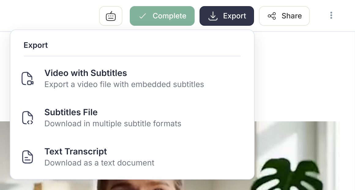 The Export menu open in the top right of the editor, with Subtitles File, Video with Subtitles and Text Transcript