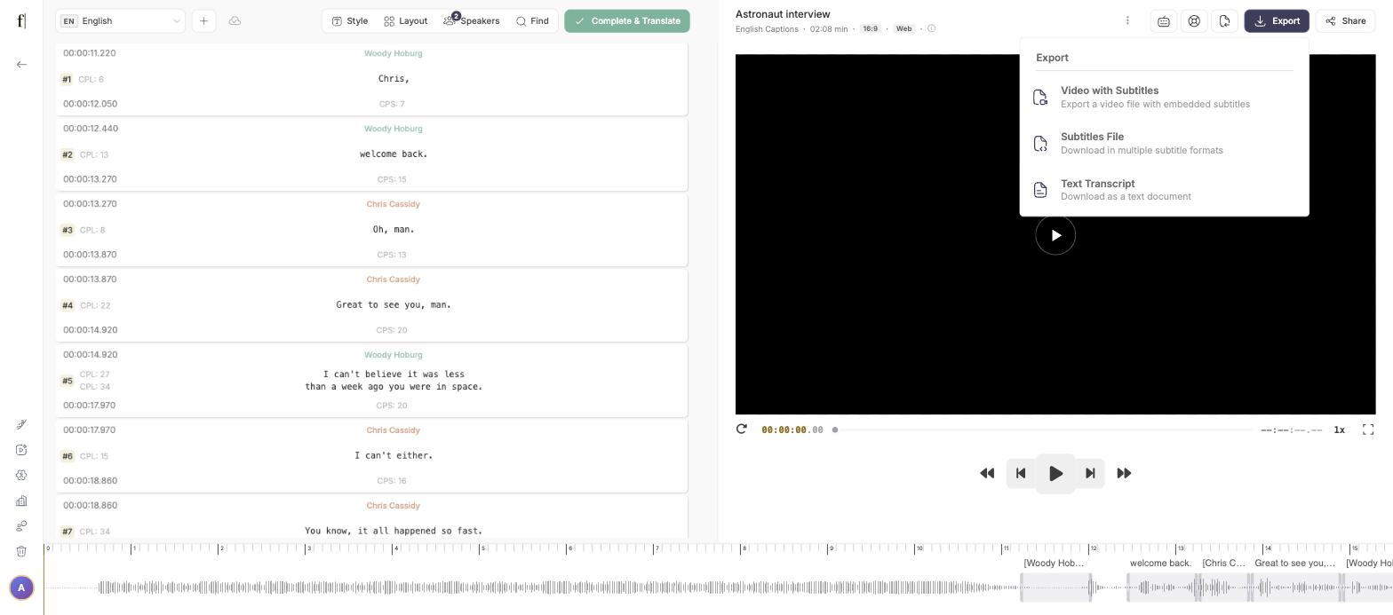 Export menu open with Video with Subtitles, Subtitles File and Text Transcript