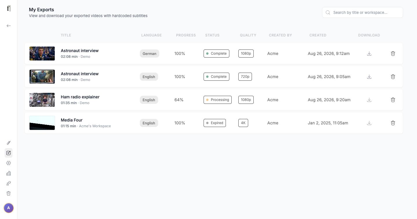 My Exports page listing exported videos with Language, Quality, Created and Download columns