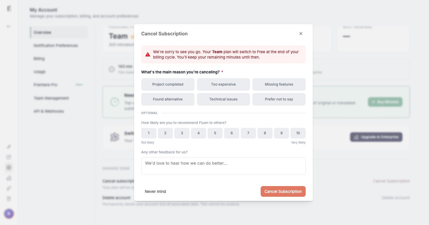 Cancel Subscription dialog showing the billing period end date and time, the reason buttons, and the optional questions