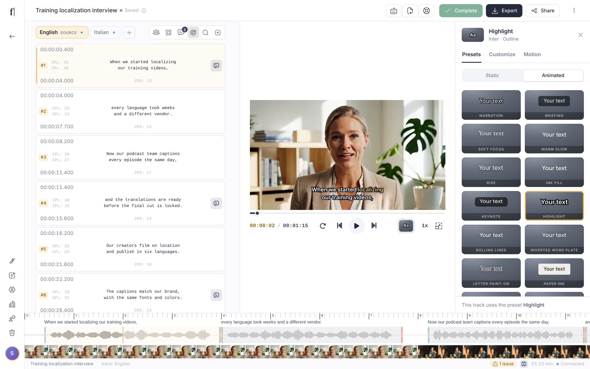 The Caption style panel open beside the video on the Presets tab, Animated shelf, with the Highlight style applied: the word being spoken is picked out in colour in the caption on the video