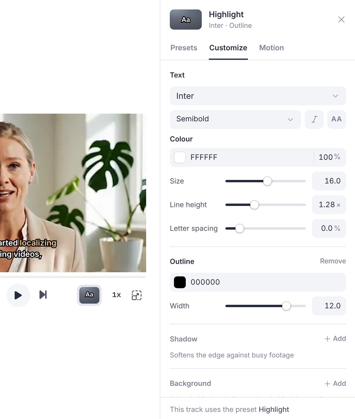 The Customize tab of the Caption style panel showing the Text section (font, weight, colour, size, line height, letter spacing) and the Outline and Shadow sections below it