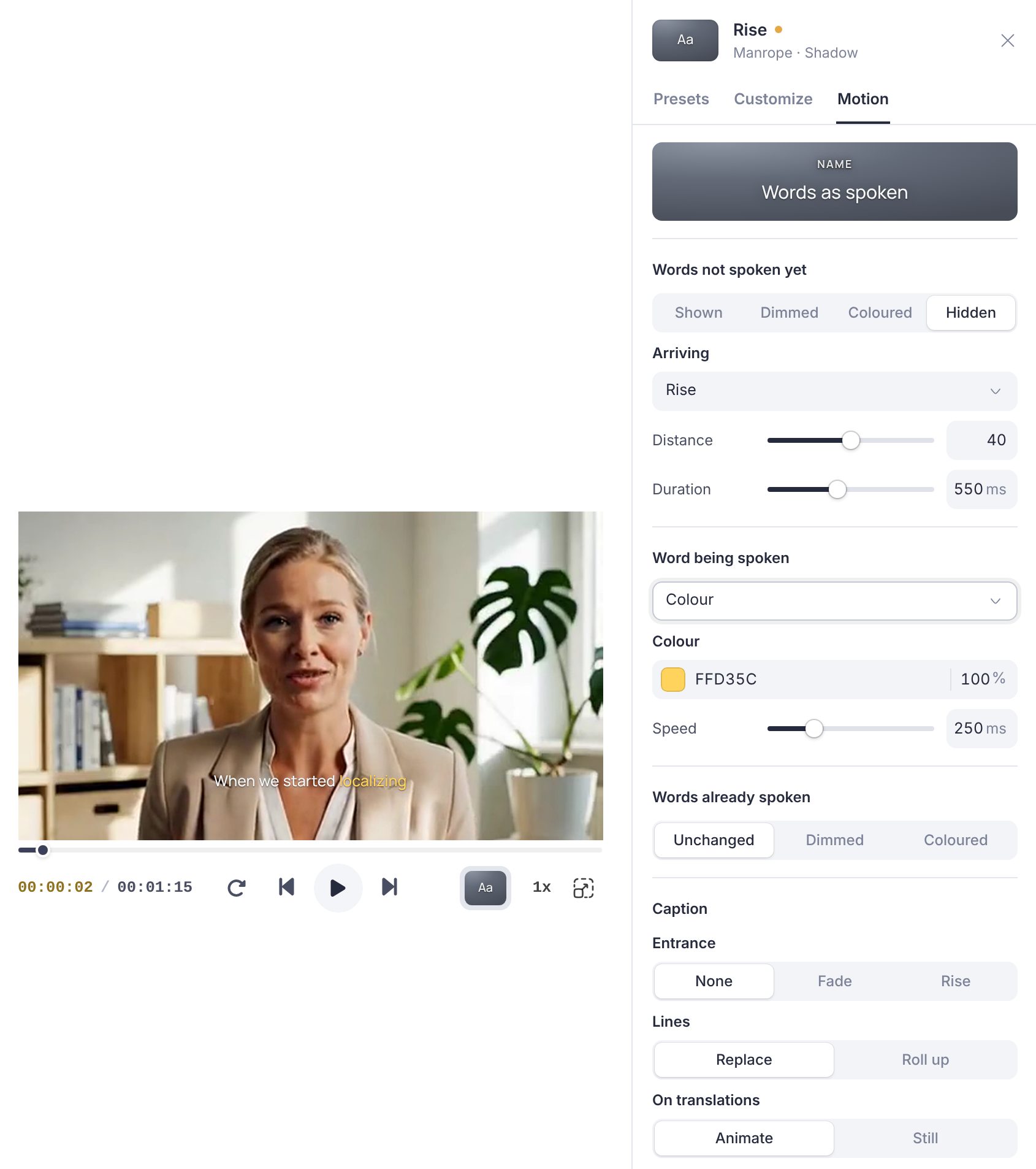 The Motion tab of the Caption style panel: a looping sample at the top, then Words not spoken yet set to Hidden with Rise, Word being spoken set to Colour, and the Entrance, Lines and On translations settings