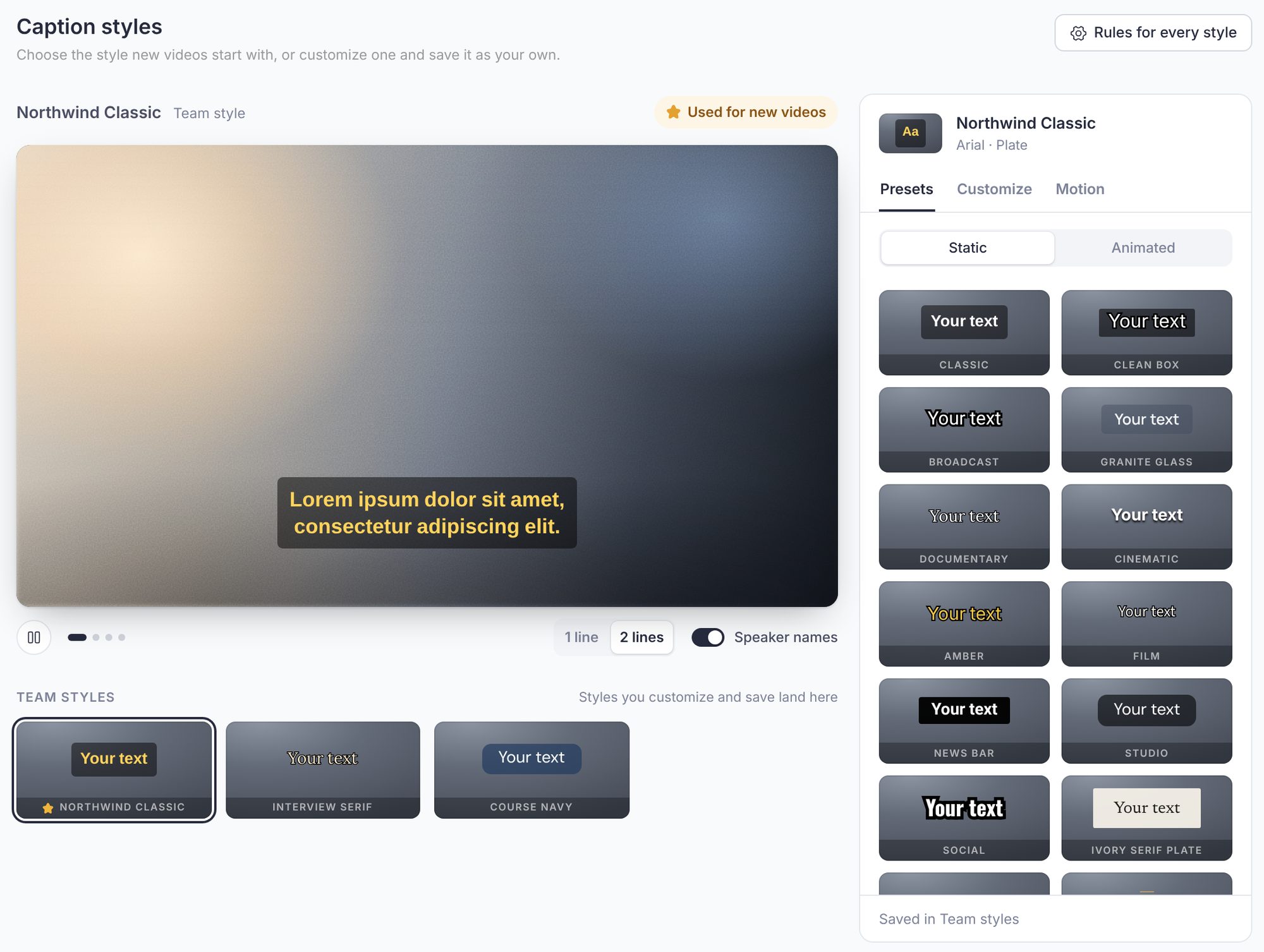 The Caption styles page in Workspace Settings: a saved team style selected and marked Used for new videos with a star, its preview playing, the Team styles list below, the Rules for every style button at the top, and the Caption style panel on the right