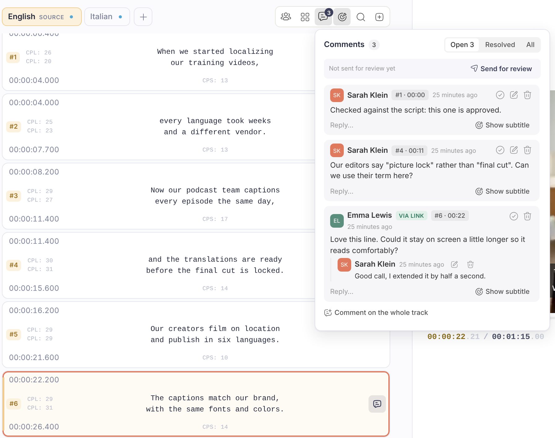The editor with the Comments panel open beside the subtitle list: a thread pinned to one subtitle with a reply, and the comment badge on that subtitle in the list