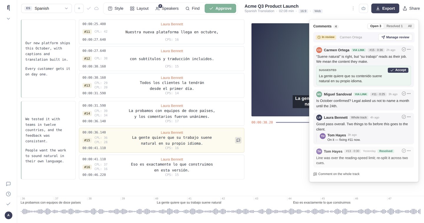 Editor with the Comments panel open on the right, one thread pinned to a subtitle, and the comment badge visible on that subtitle in the list