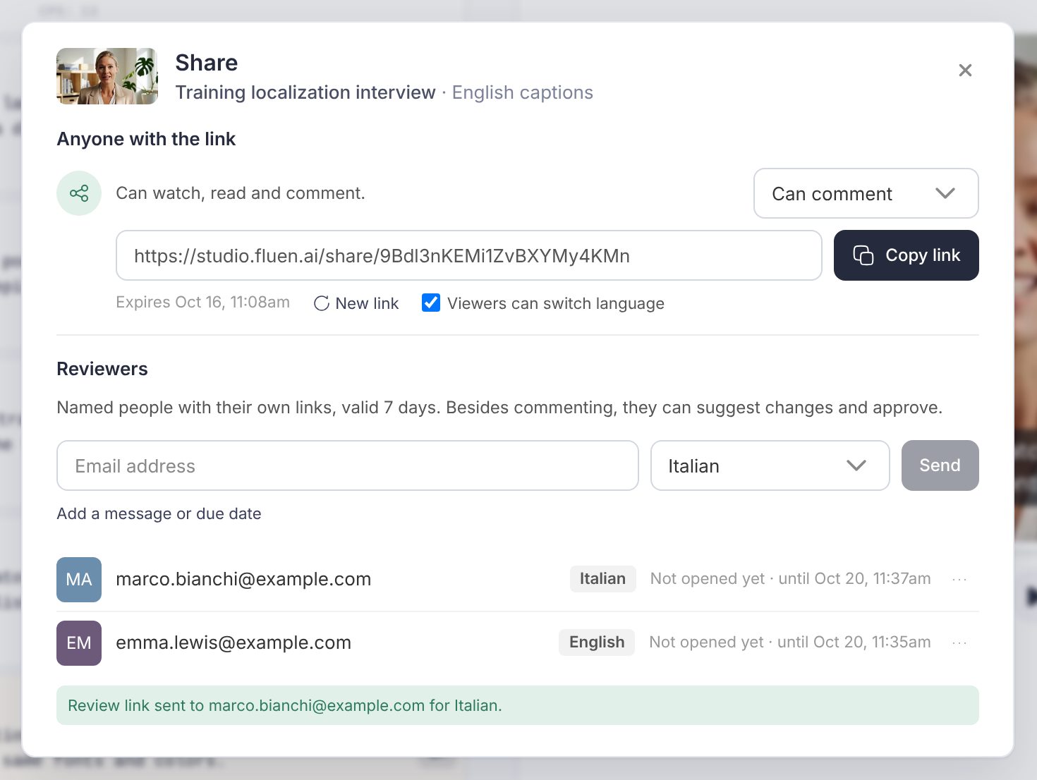 The Reviewers section of the Share dialog, with the email field, the language menu, the Send button and a list of invited reviewers with their status