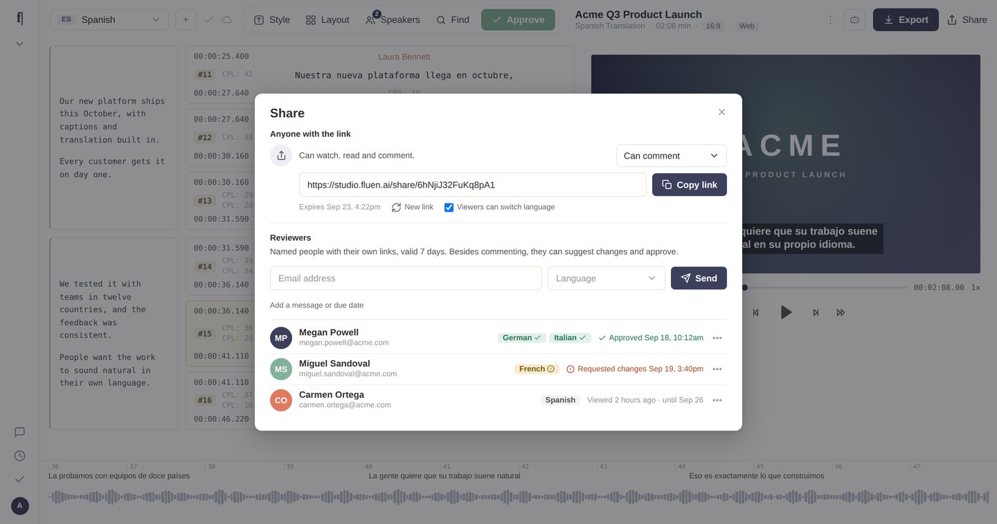 The Reviewers section of the Share dialog: email field, language menu, Send button, and the list of invited reviewers with their status