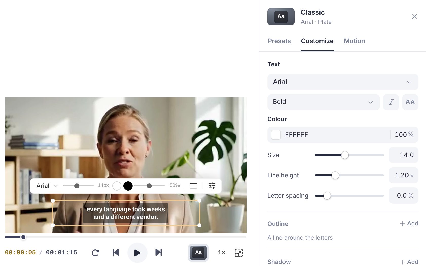 The Customize tab of the Caption style panel with the Size slider in the Text section, next to the video where the selected subtitle shows its four corner handles
