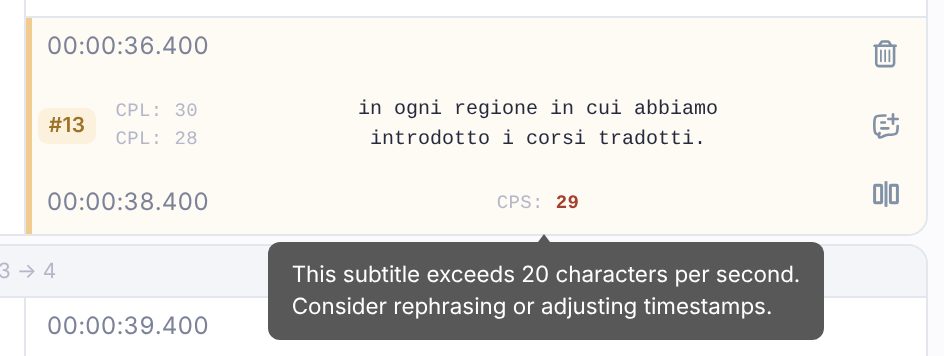 A subtitle on a translation track whose CPS number is flagged with the reading-speed warning, with its tooltip open