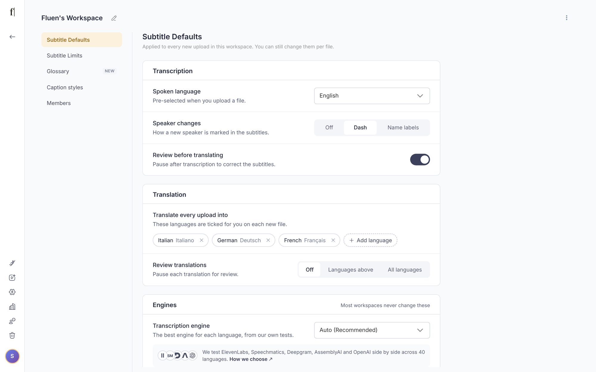 Workspace Settings open on Subtitle Defaults, with the side menu listing Subtitle Defaults, Subtitle Limits, Glossary, Caption styles and Members