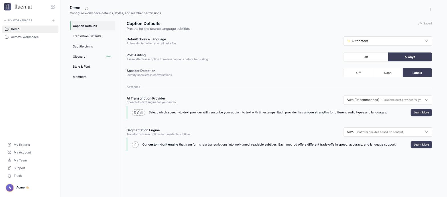 Workspace Settings with the side menu: Caption Defaults, Translation Defaults, Subtitle Limits, Glossary, Style & Font, Members