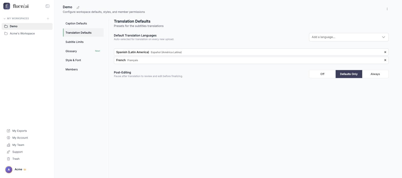 Translation Defaults page with language chips and the Post-Editing options