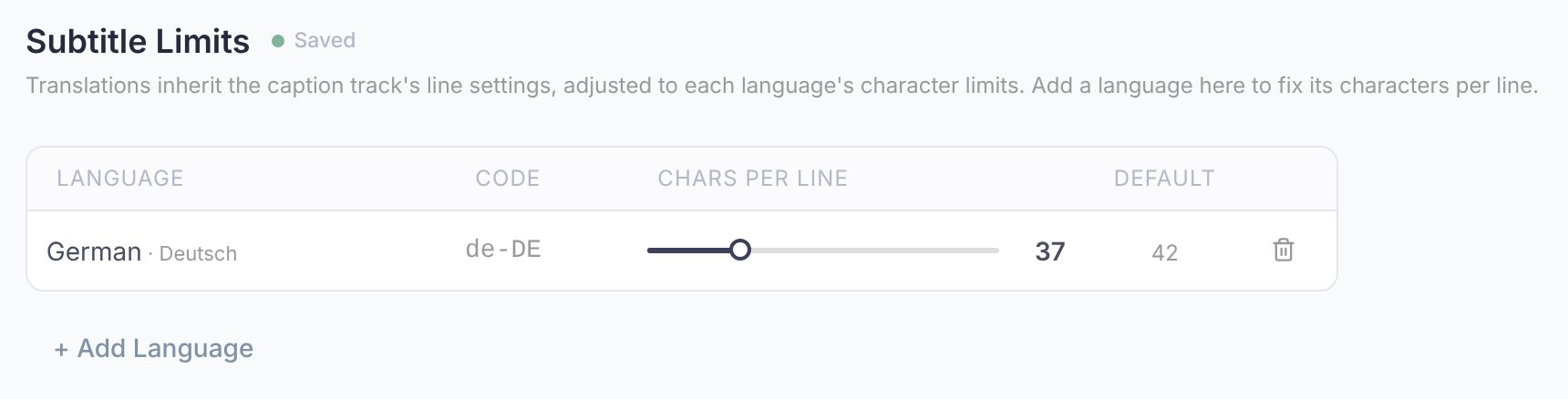 The Subtitle Limits page with one language override row, its Chars per line slider and default value, and the + Add Language button