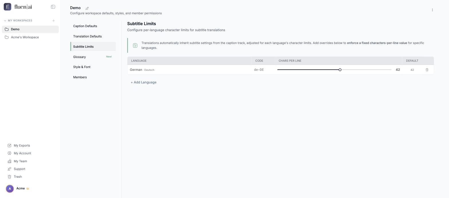 Subtitle Limits page with a language override row and the Add Language button