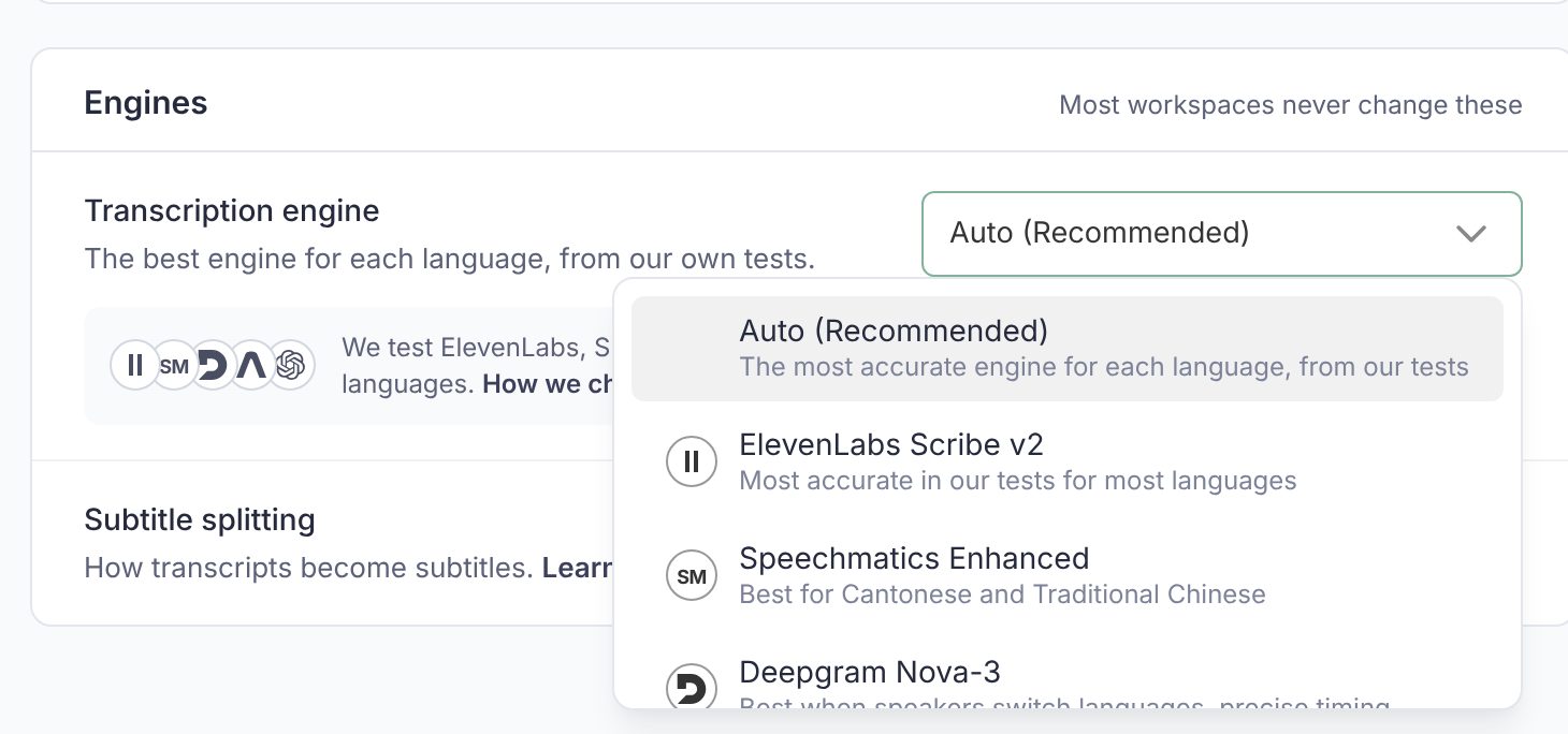 The Engines card on the Subtitle Defaults page, with the Transcription engine menu open on Auto (Recommended), with the individual engines listed below it