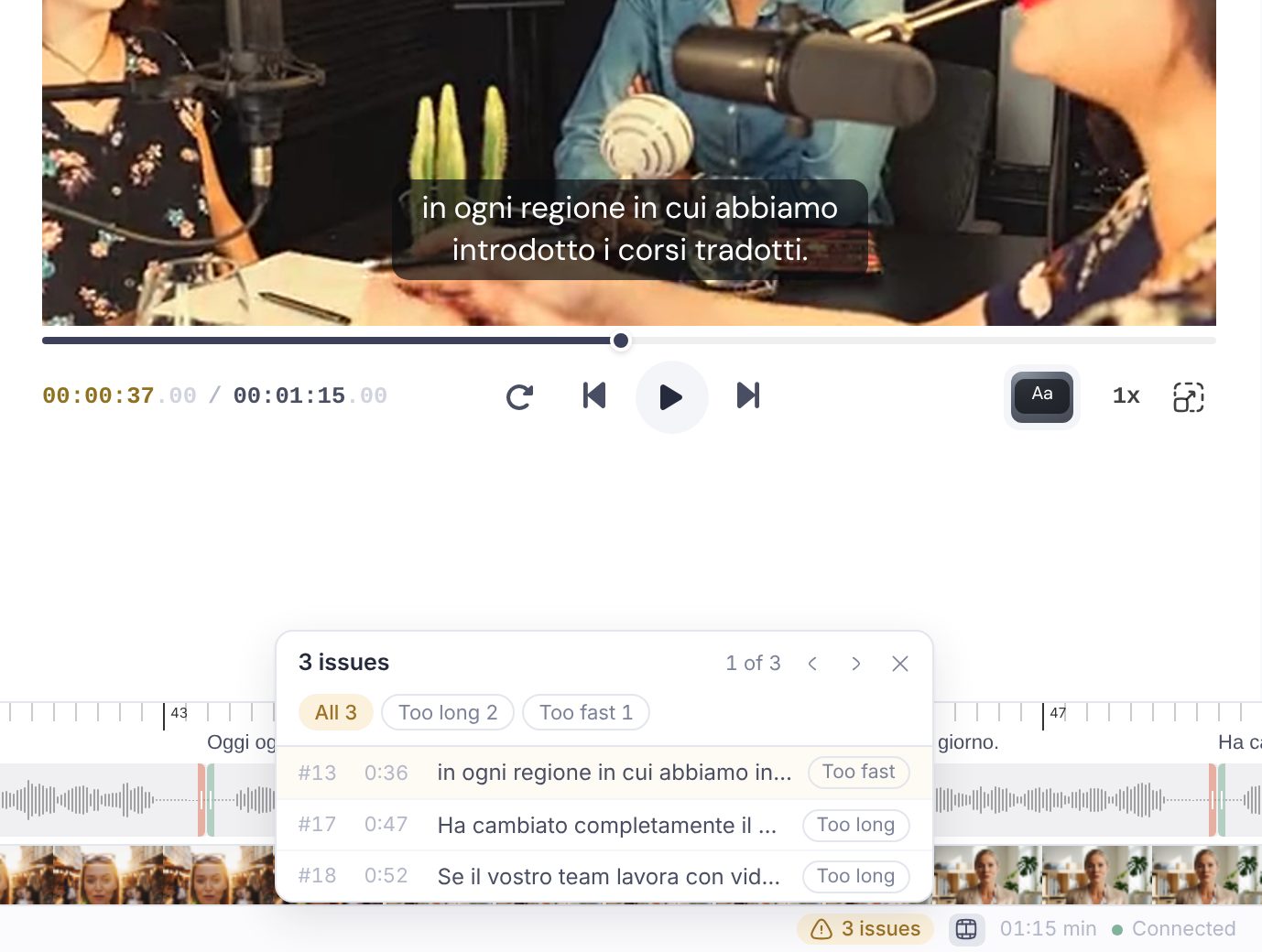The issues list open above the editor status bar: the number of issues, the previous and next arrows, the All, Too long and Too fast filters, and a list of flagged subtitles with their times