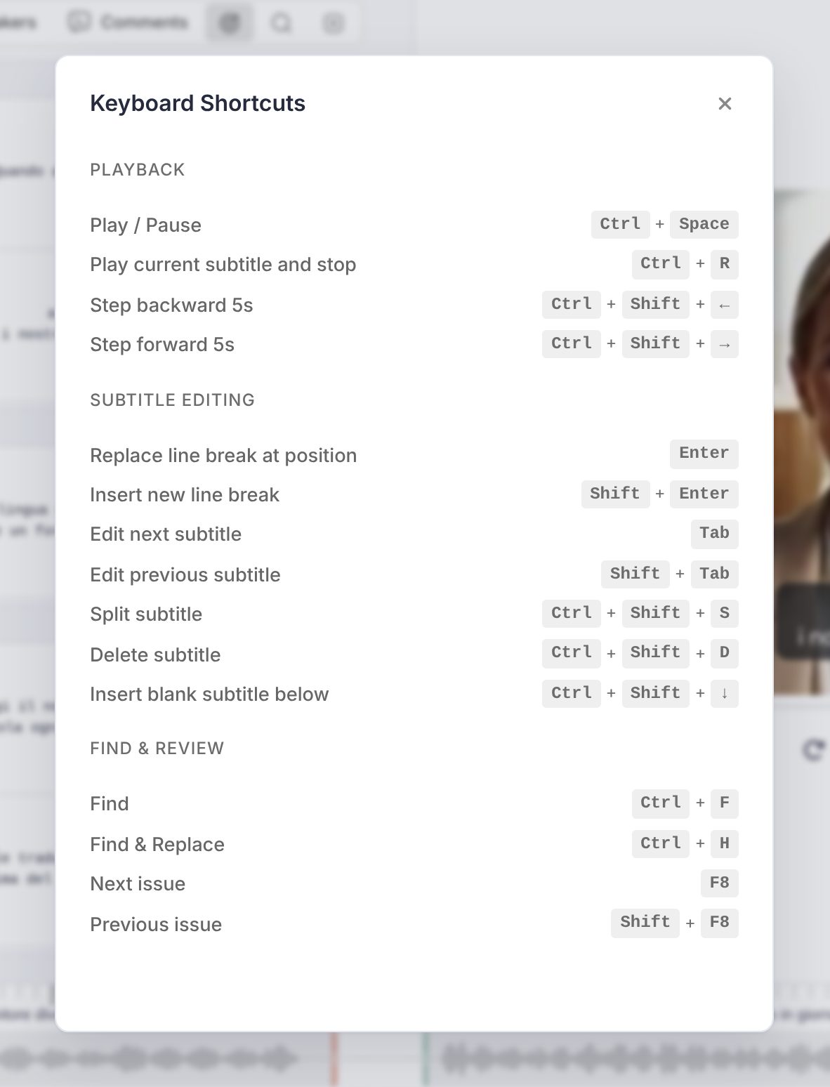 The Keyboard Shortcuts dialog listing the Playback, Subtitle Editing and Find and Review shortcuts