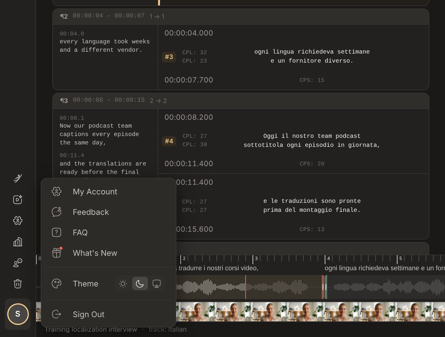 The menu under the account name open at the bottom of the sidebar, with the Theme row offering Light, Dark and Match system, and the editor behind it in dark mode