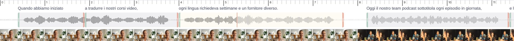The editor timeline: a strip of video frames, the audio wave, the text of each subtitle in blocks along it, and the playhead