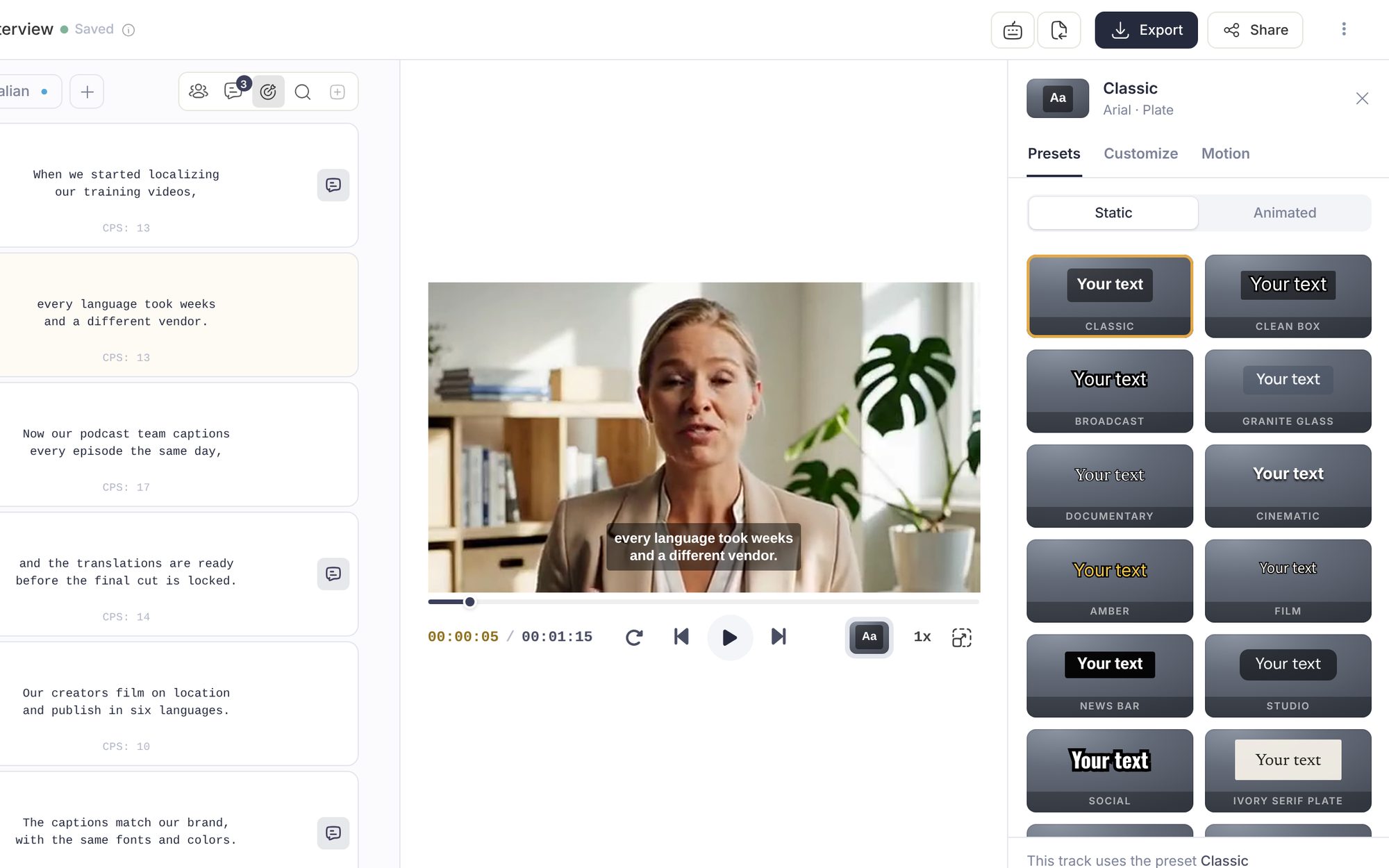 The editor with the Caption style panel open beside the video: the Presets, Customize and Motion tabs at the top, the Static presets shown as cards, and the Caption style button highlighted in the row under the video