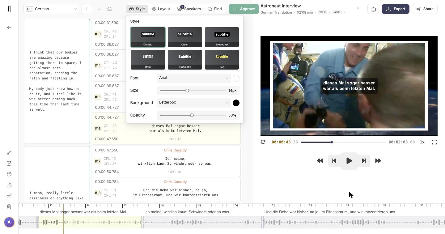 Editor with the Style panel open: presets on top, Font, Size, Background and Opacity below