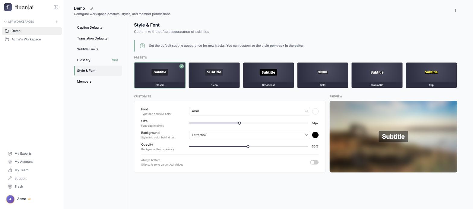 Workspace Settings, Style & Font page with the preview showing the word Subtitle