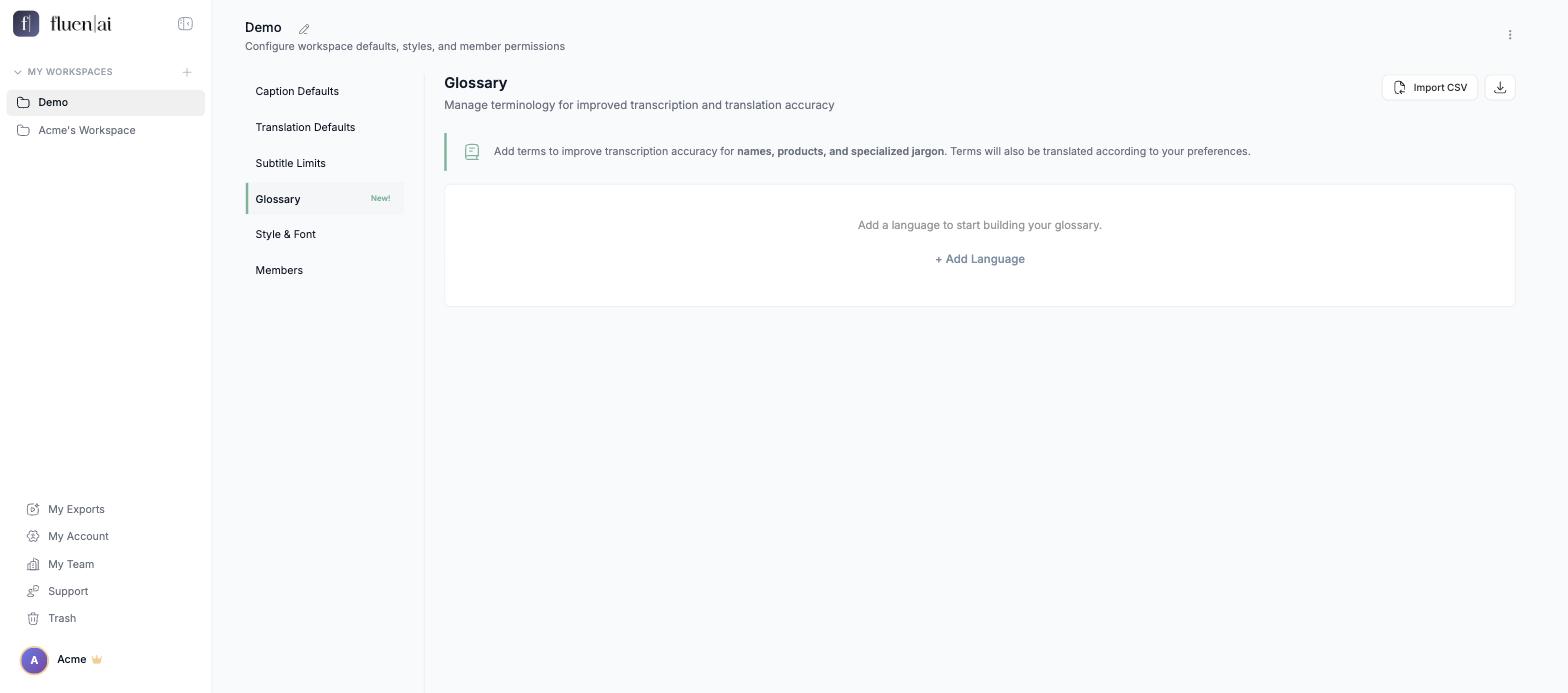 Workspace Settings with the Glossary page open, empty table and language column headers