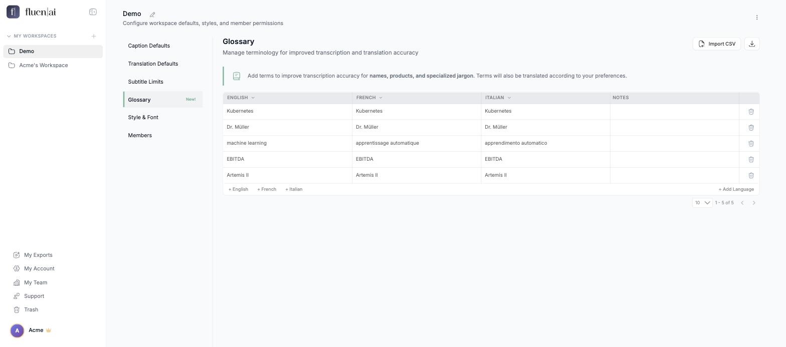 Glossary table with a few rows filled in across English, French and Italian columns