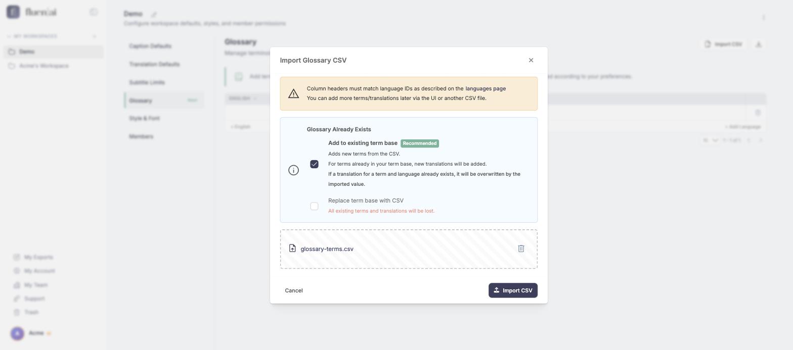 Glossary import dialog with a CSV selected