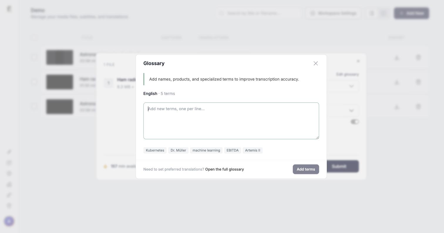 Upload screen with the glossary quick-add panel open