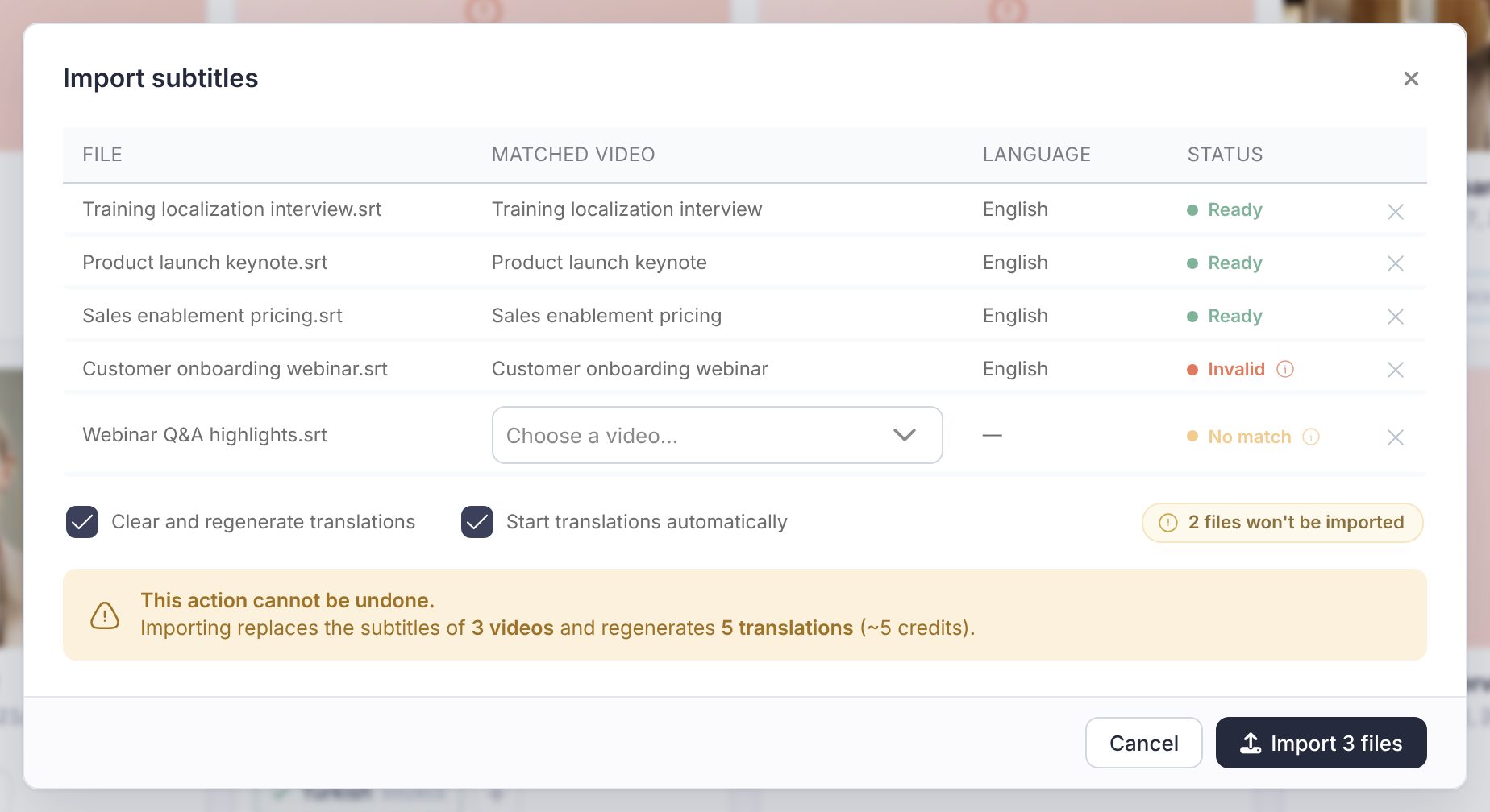 The Import subtitles window listing several .srt files matched to videos, with statuses such as Ready, No match and Invalid, the Clear and regenerate translations and Start translations automatically options, and the Import button