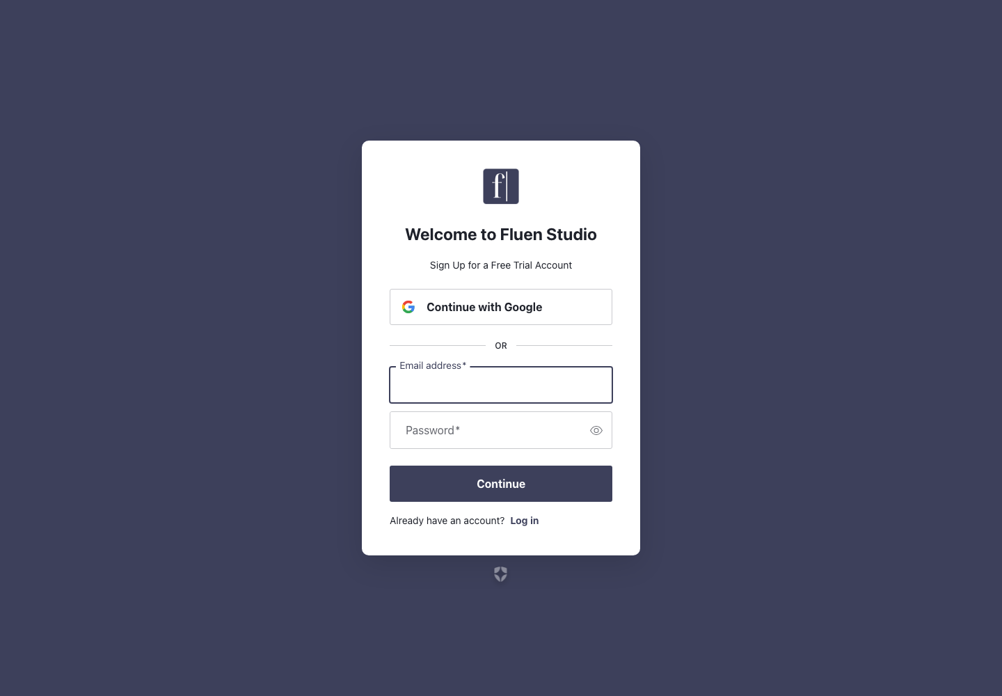 Fluen Studio signup page with the email and password fields filled in, Continue with Google visible but not used