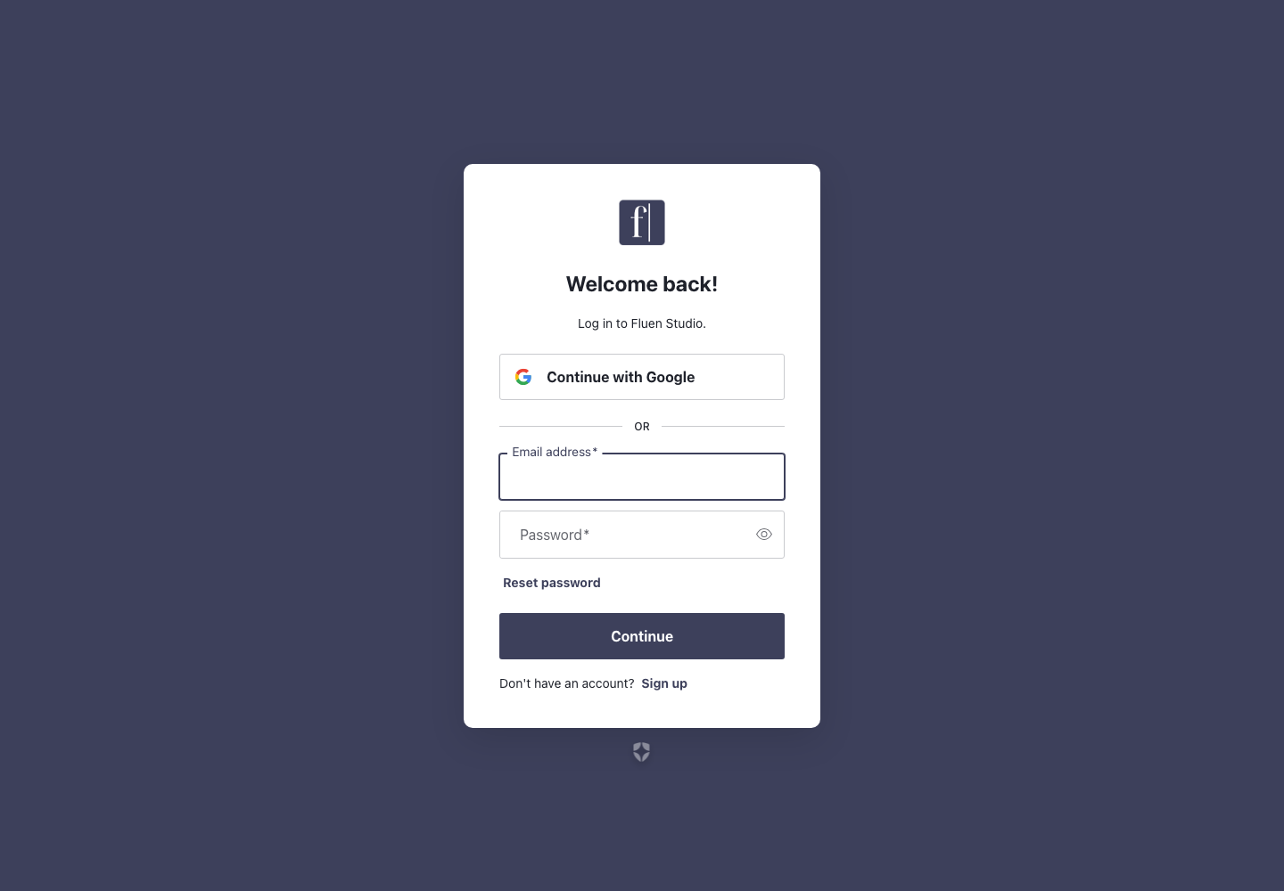 Login page with the Continue with Google button above the email and password form