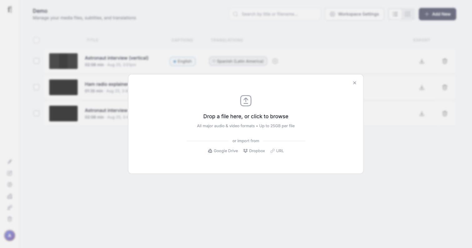 The Add New dialog: drop zone plus Google Drive, Dropbox and URL import options