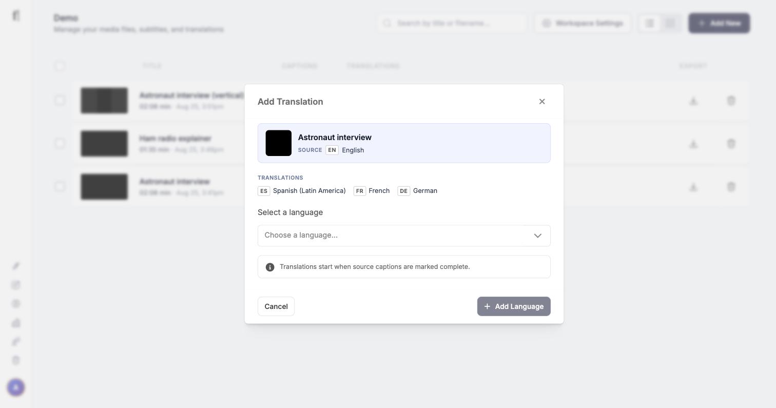 The Add Translation dialog opened from a library row