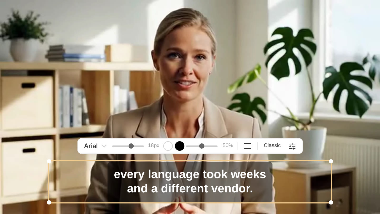 A subtitle selected on the video in the editor, with the floating toolbar above it: font menu, size slider, colour swatches, text alignment, the caption style name and the Customize the caption style button