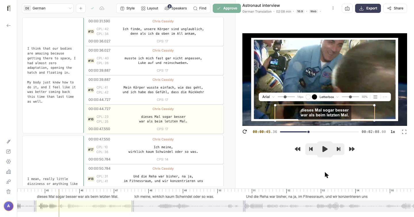 Editor video preview with a subtitle selected and the floating toolbar visible