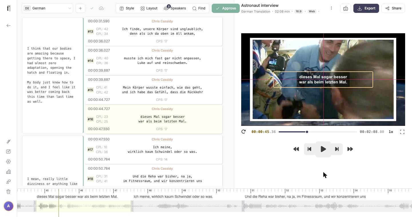 A subtitle being dragged on the video with the pink snap guides showing
