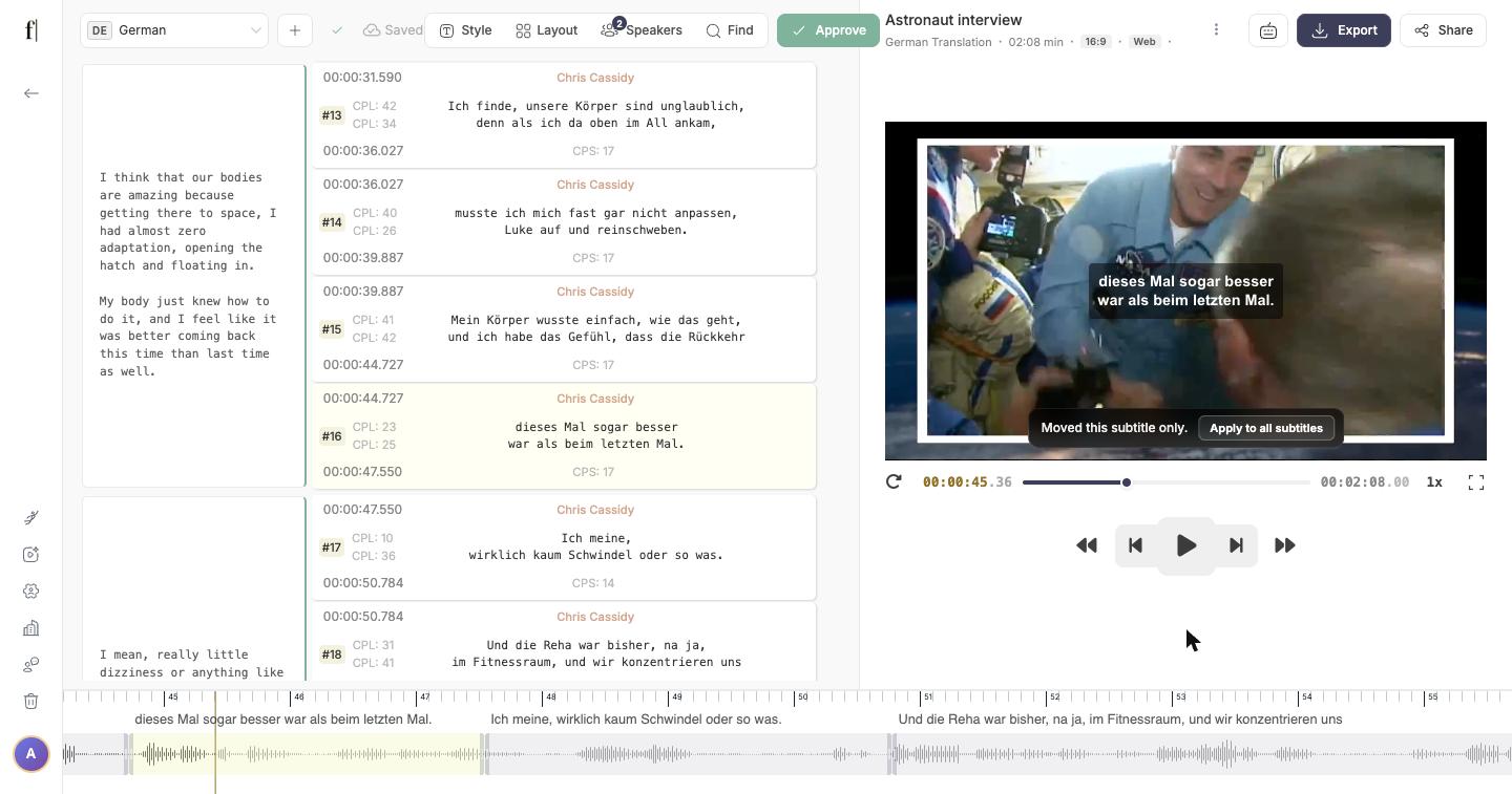 The "Moved this subtitle only" toast with the Apply to all subtitles button