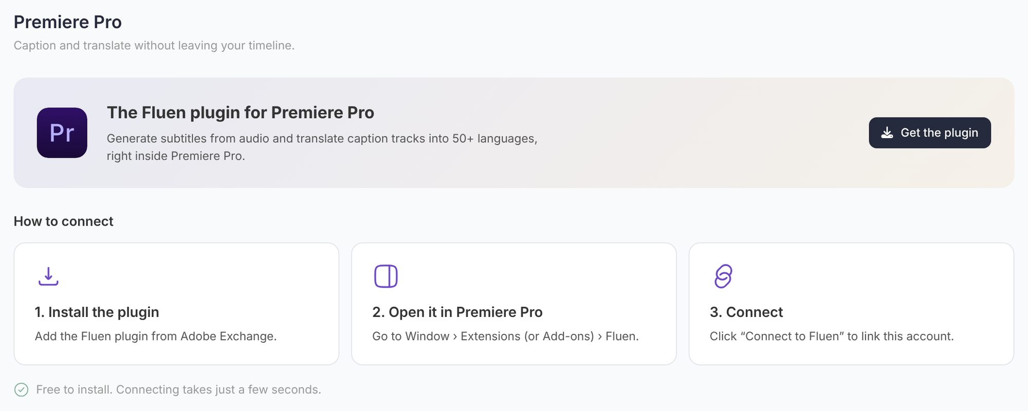 The Premiere Pro page in Fluen Studio settings before any connection, with the Get the plugin button and the three steps: install the plugin, open it in Premiere Pro, connect