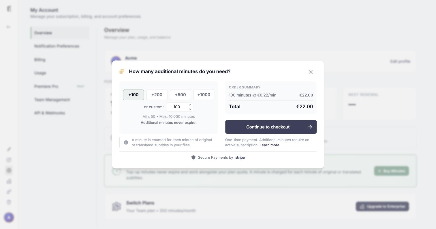 Buy Minutes dialog: quantity, price per minute, order summary, Continue to checkout