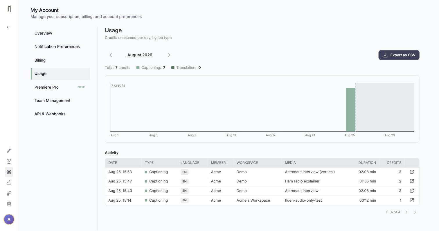 Usage page: monthly totals, daily chart, and the Activity table with the Export as CSV button