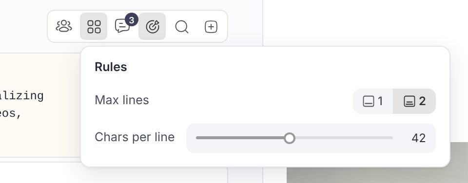 The Rules popover open under the Rules button in the editor toolbar, with the Max lines buttons and the Chars per line slider, before any change