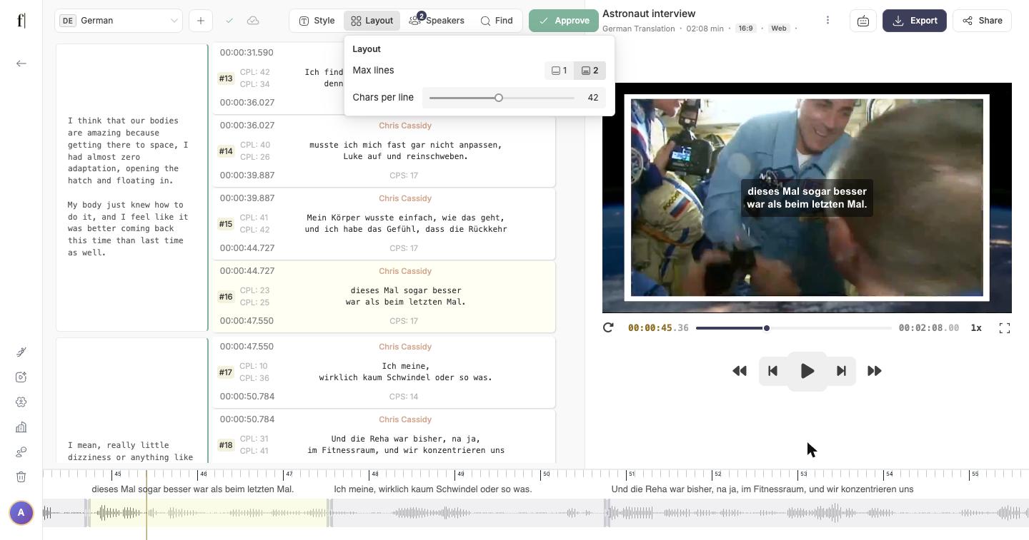 Editor toolbar with the Layout panel open, Max lines and Chars per line controls